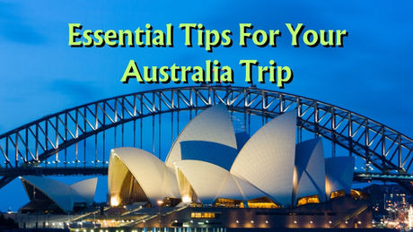 Sydney Opera House and Harbor Bridge at dusk with city lights; text overlay: Essential Tips For Your Australia Trip.