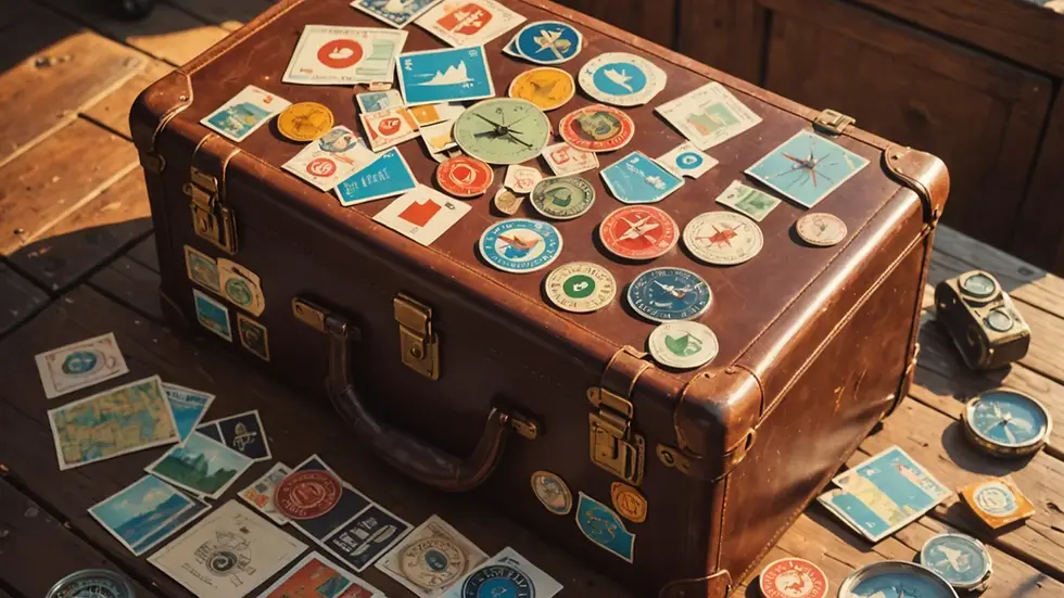 Brown vintage suitcase covered with colorful travel stickers and patches on a sunlit wooden table, with more stickers scattered around
