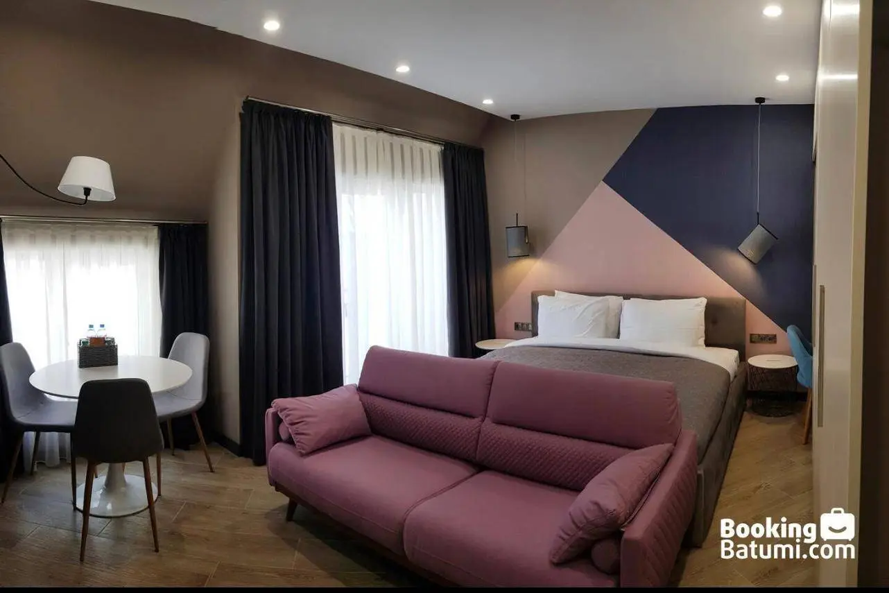 A studio apartment room with a move sofa in front of a double bed.