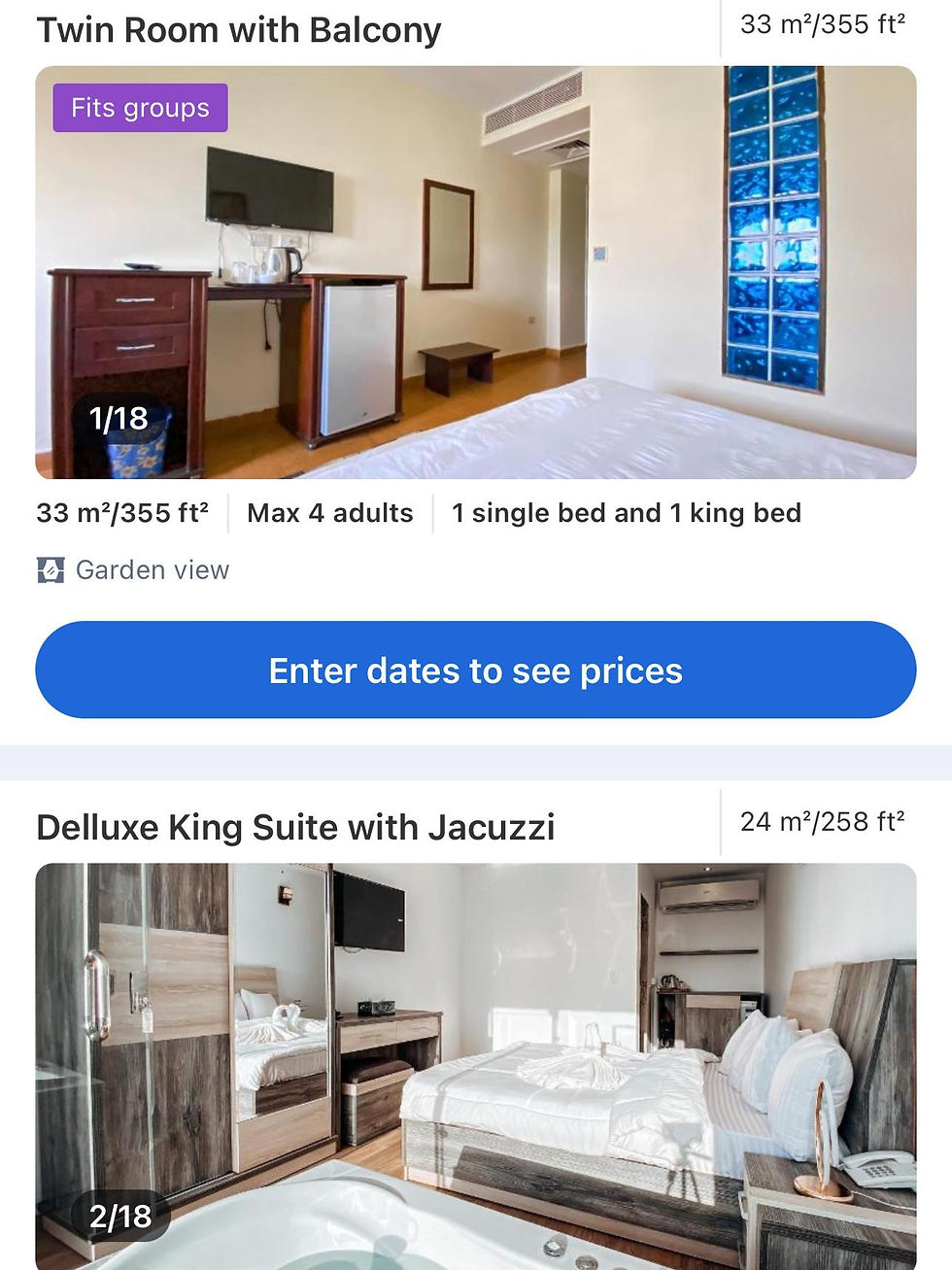 Two hotel rooms: one with a balcony, TV, fridge, blue glass wall; the other, a deluxe suite with a king bed, jacuzzi, and wooden decor.