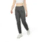 Thumbnail: Model wearing Dark Grey Heather “The Proof is in the Pudding” Adidas fleece joggers, front view.