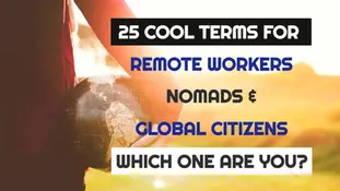 Person holding a globe; text reads "25 Cool Terms for Remote Workers, Nomads & Global Citizens. Which One Are You?" Warm, sunny background.