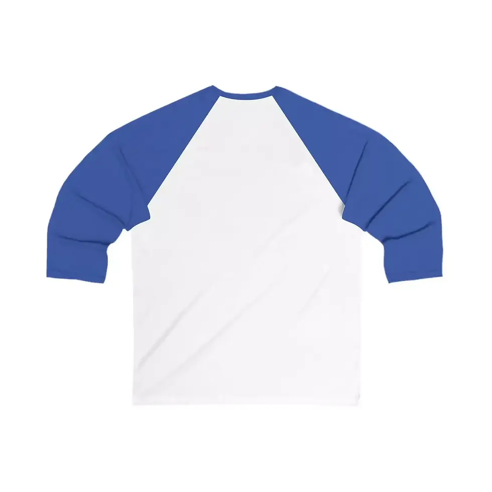Thumbnail: A white baseball-style shirt with blue raglan sleeves is displayed against a plain background.