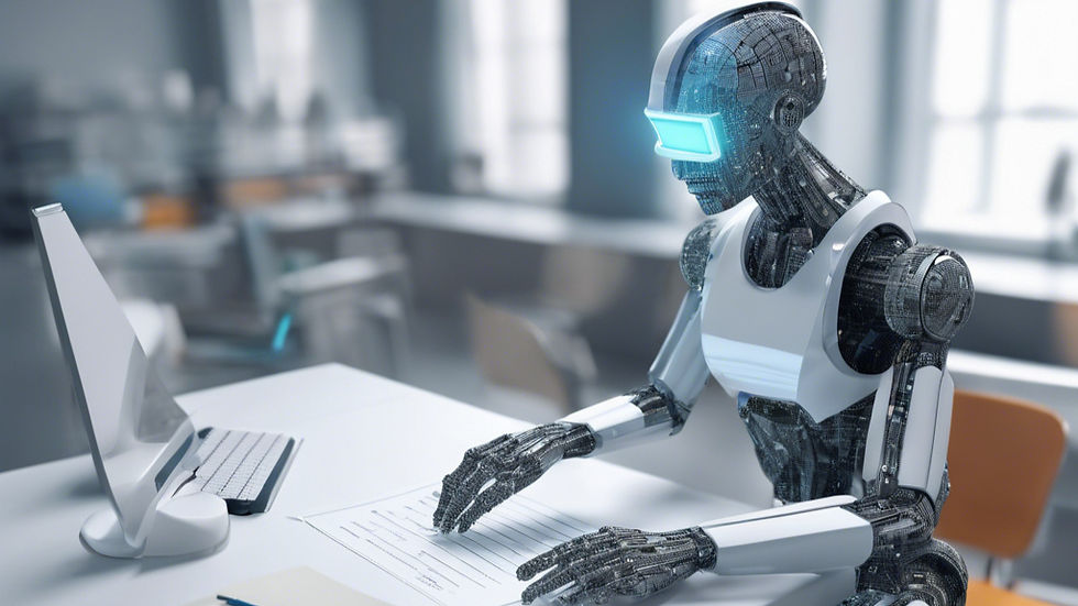A humanoid robot with illuminated eyes sits at a desk, typing on a keyboard in front of a computer monitor in a modern, well-lit office setting.