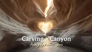 Abstract canyon carved by flowing water, with warm light forming a subtle heart shape to symbolise love quietly reshaping the soul.
