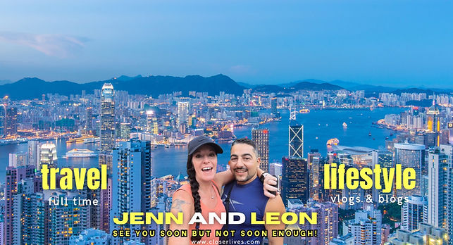 A smiling couple poses in front of a city skyline at sunset. Bold yellow text reads โtravel full timeโ and โlifestyle vlogs & blogs.โ Discover country guides, travel tips, and more from JENN AND LEON. SEE YOU SOON BUT NOT SOON ENOUGH!.