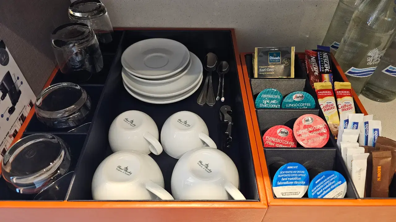 Complimentary tea and coffee facilities with cups, bottled water and drink sachets.