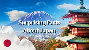 Pagoda with Mt. Fuji in the background, clear sky. Japanese flag waves, text reads "Surprising Facts About Japan." Vibrant, serene setting.