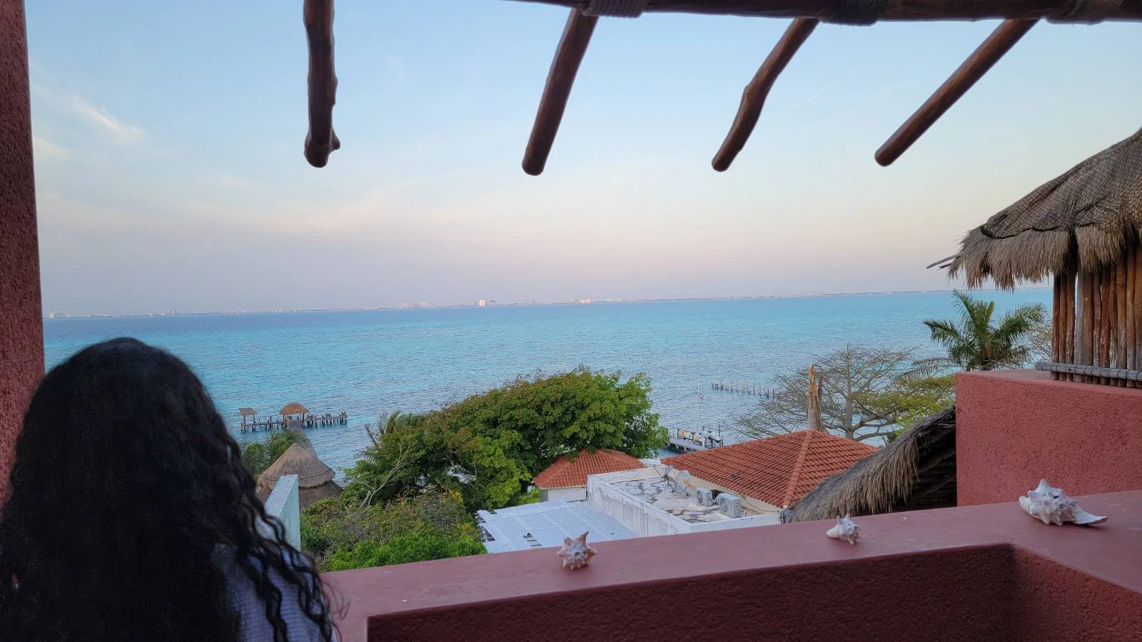A person with long, curly hair stands on a balcony overlooking a scenic ocean view. The sky is clear, with pastel shades of blue and pink near the horizon. A few rooftops and lush greenery are visible in the foreground.