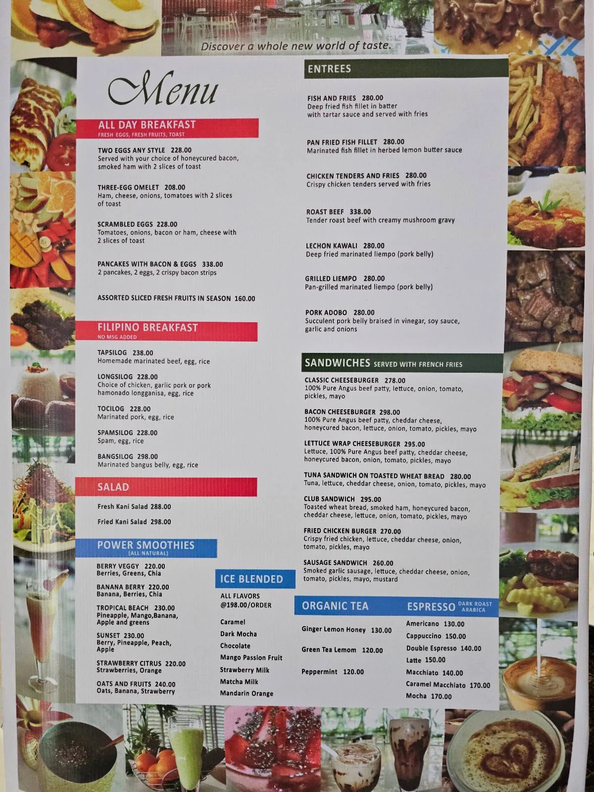 Image of a restaurant menu with sections for breakfast, sandwiches, soups, salads, ice beverages, and upcoming items. The menu is bordered by various food images, showcasing diverse dishes and drinks.