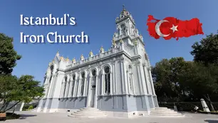 White ornate church under blue sky with text Istanbul's Iron Church and a red Turkish flag graphic
