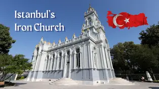 White ornate church under blue sky with text Istanbul's Iron Church and a red Turkish flag graphic
