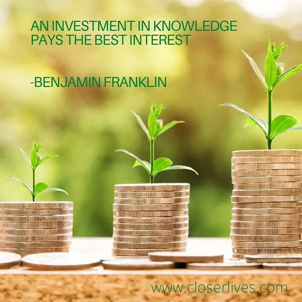 Stacks of coins with small plants growing on top, set against a blurred green background. Text: "An investment in knowledge pays the best interest - Benjamin Franklin" and a website URL.