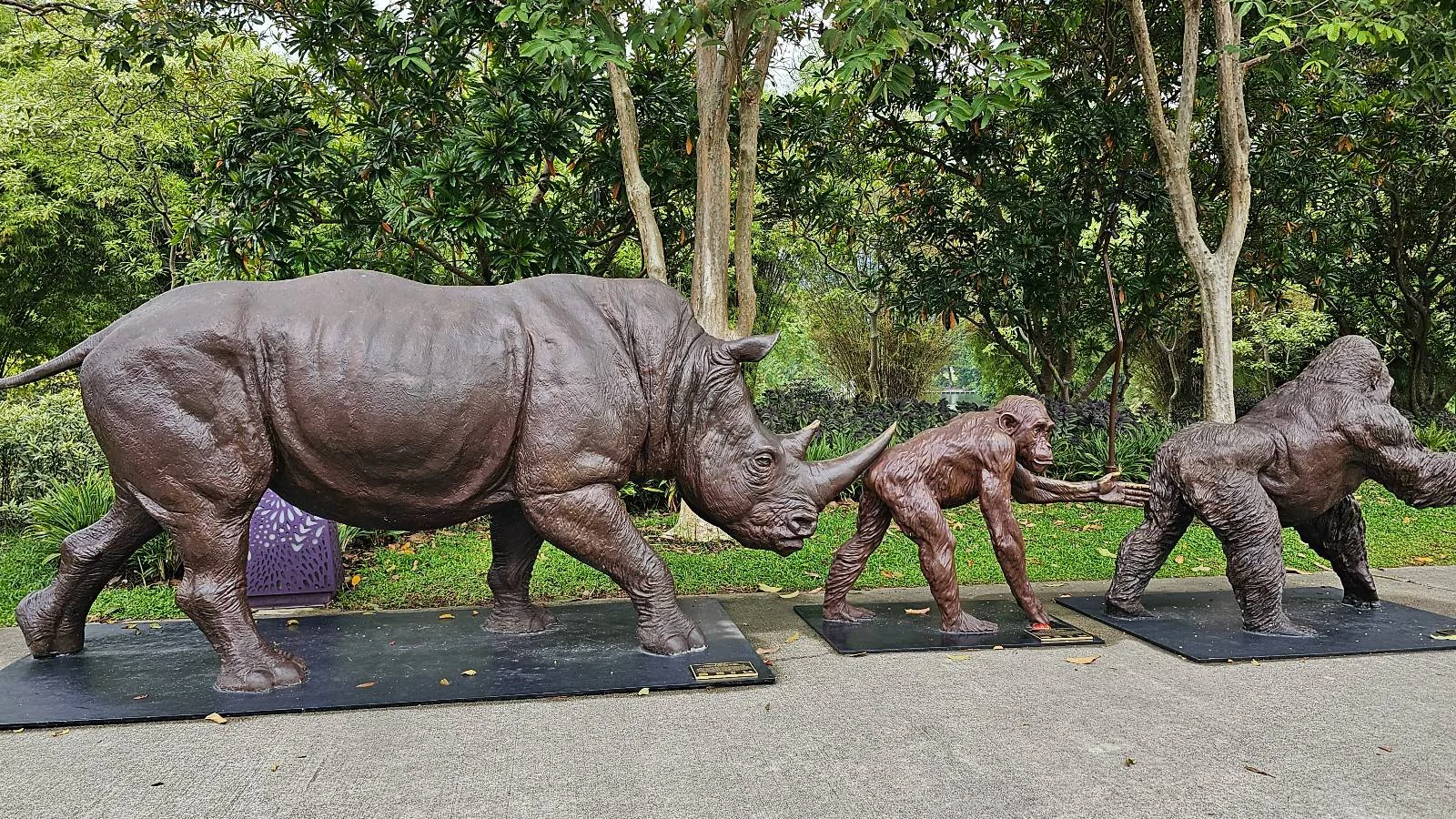 Bronze sculptures of a rhinoceros, a chimpanzee, and a gorilla are lined up in a park setting. Trees and greenery are in the background, and the sculptures are placed on rectangular black platforms.
