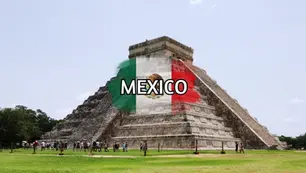 A large stone pyramid with a staircase on one side, surrounded by people, with the word "MEXICO" overlaid on an image of the Mexican flag.