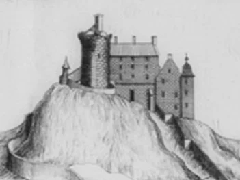 Artist illustration of Rosslyn Castle perched on rocky terrain, featuring towers and defensive walls.