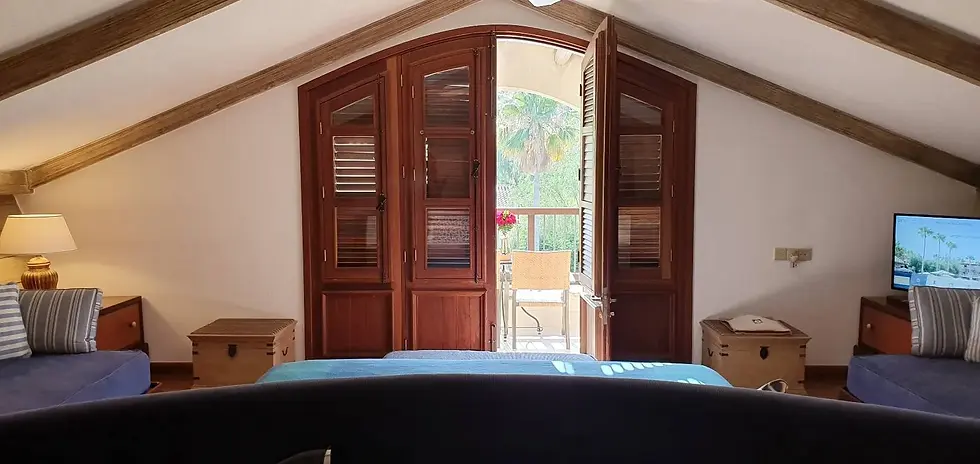 Cozy attic room with a wooden door open to a balcony. Striped cushions on a blue sofa, palm view outside. TV reads "Welcome to Columbia."