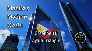 Skyscrapers under blue sky with text: Manila’s Modern Oasis: Greenbelt & Ayala Triangle. Philippine flag overlay; modern urban scene.