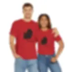 Thumbnail: A man and woman wearing matching red Thanksgiving graphic t-shirts with a black turkey silhouette design.