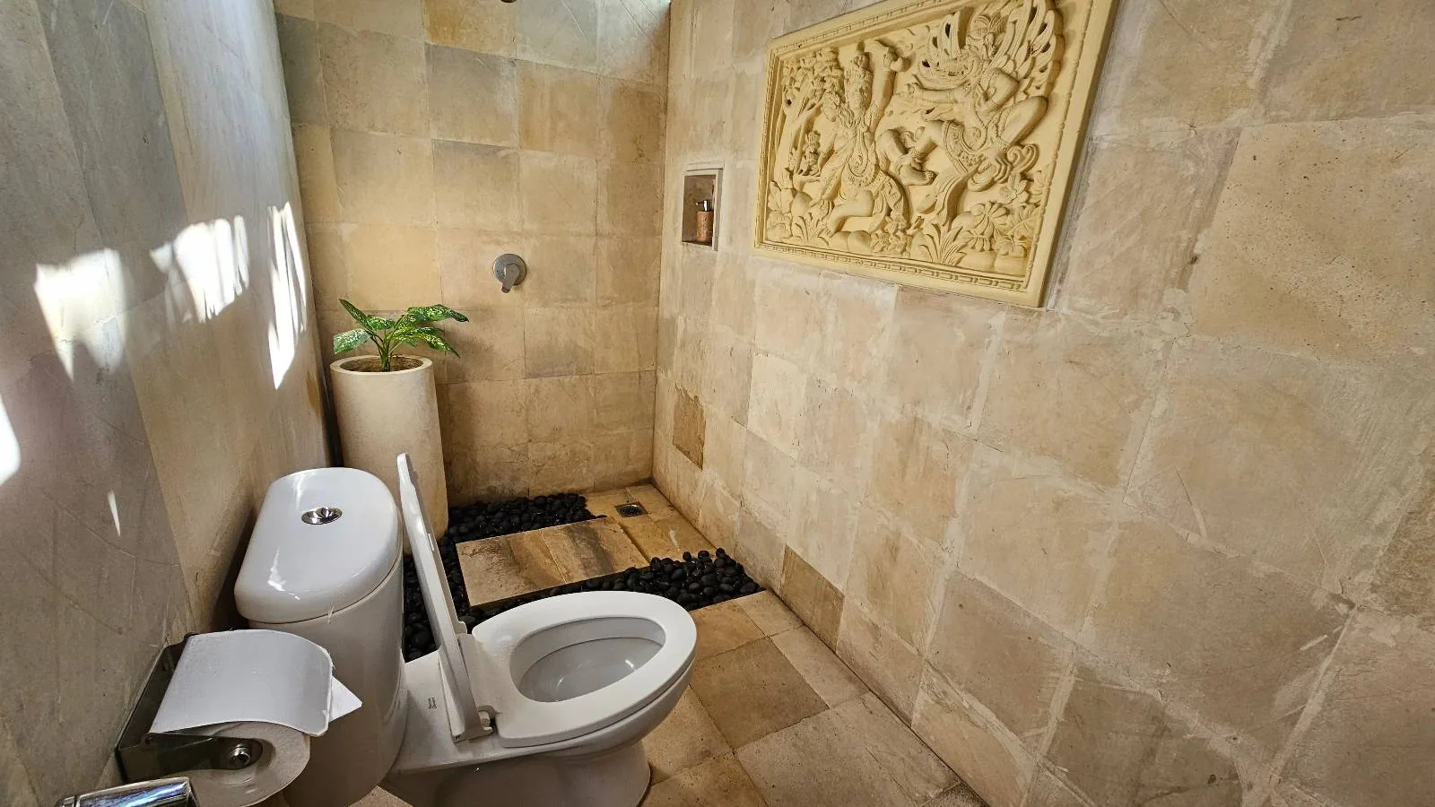 A modern bathroom with beige stone walls, a white toilet, a potted plant, a wall-mounted toilet paper holder, a decorative wall carving, and a stone floor with a small step.