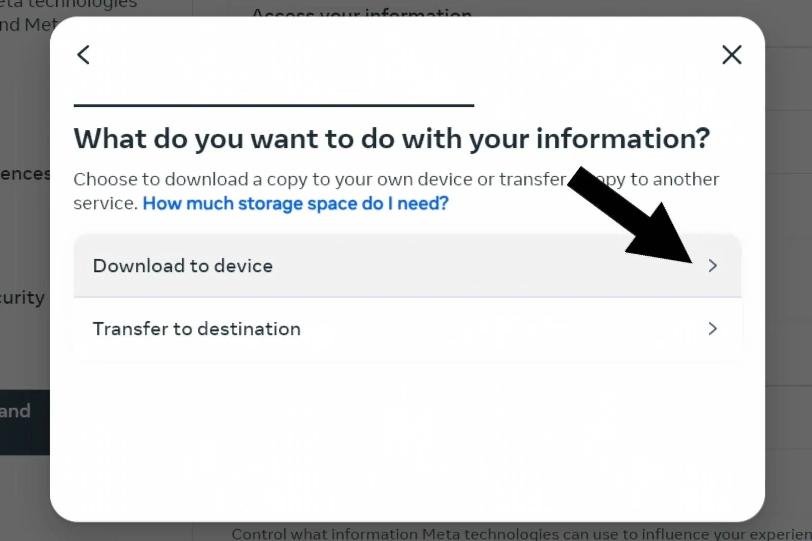 A pop-up window with options: "Download to device" and "Transfer to destination," featuring an arrow pointing to "Download to device.