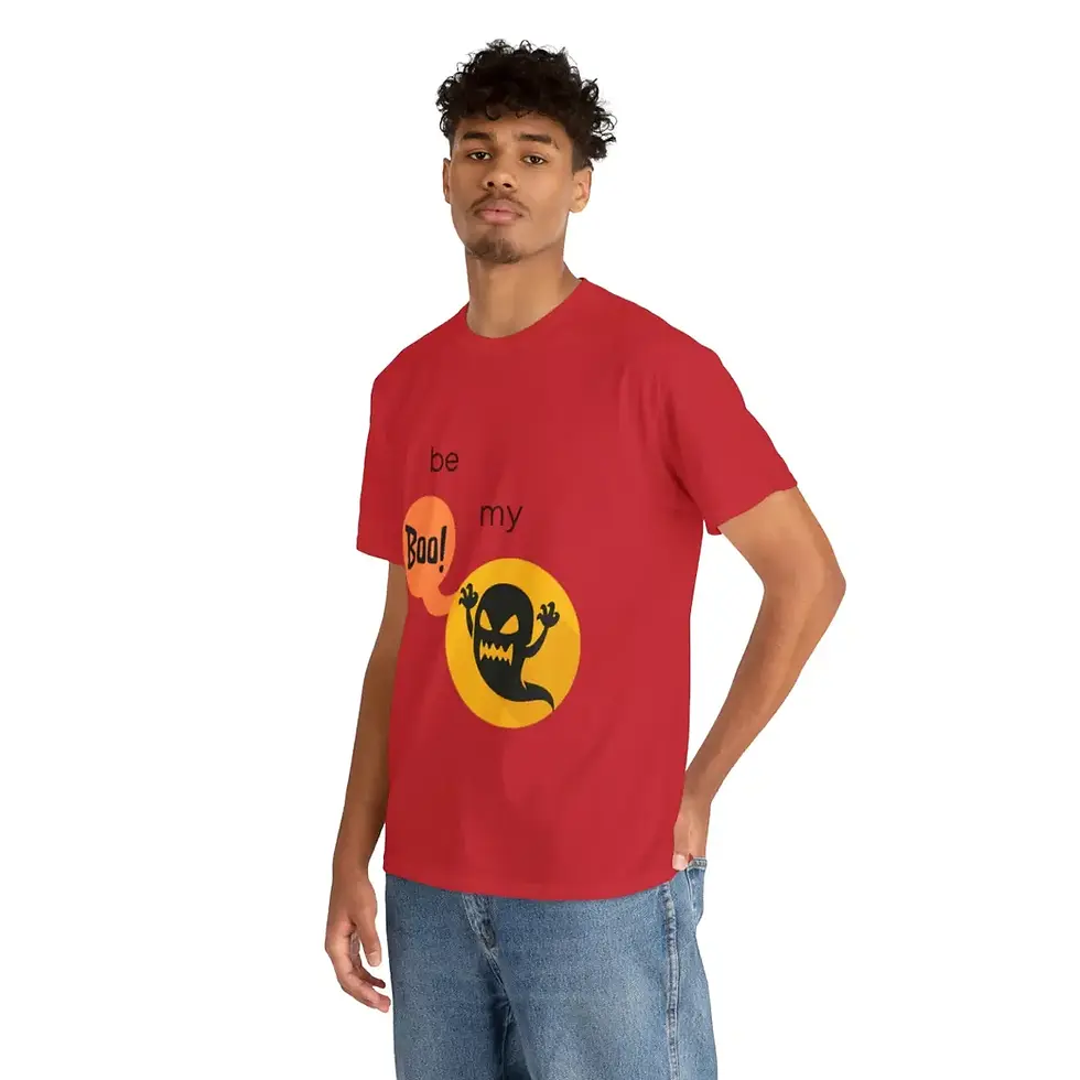 Man wearing a red t-shirt with ghost graphic and text on it.