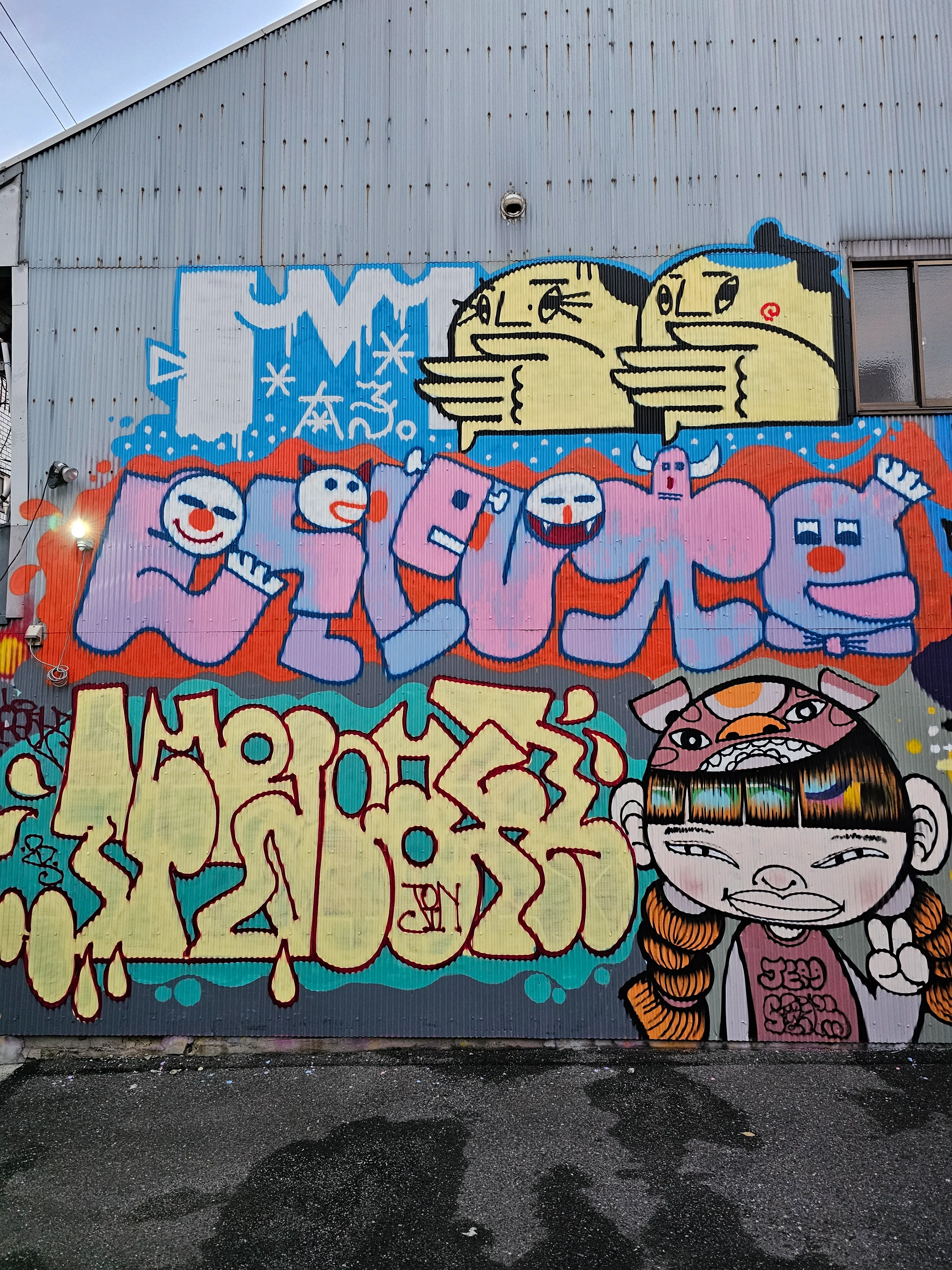 Colorful graffiti covers a wall featuring stylized cartoon faces, bold letters, abstract shapes, and a painted character with braids, a headband, and a patterned shirt in the lower right corner.