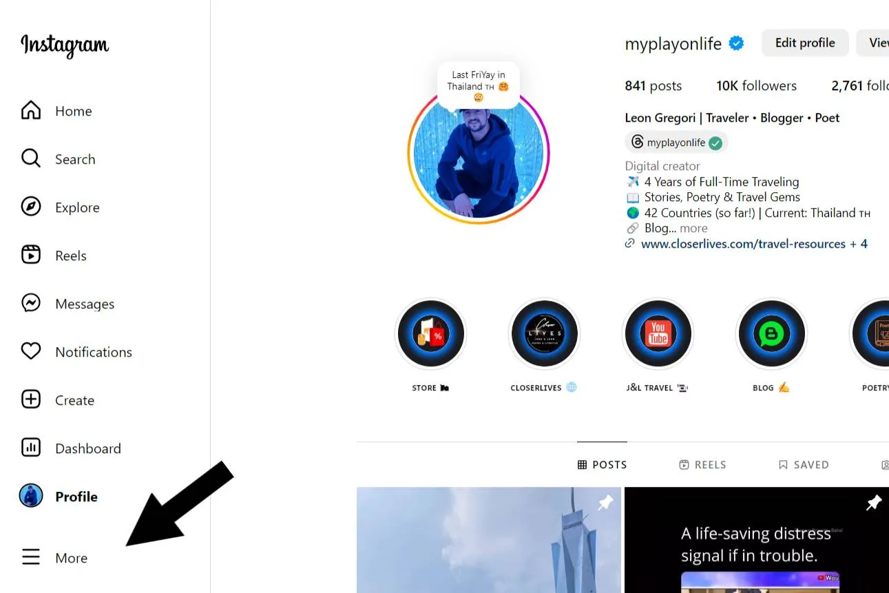 Instagram profile page showing profile picture, post count, followers, and following. Navigation icons are on the left. An arrow points to the "More" option.