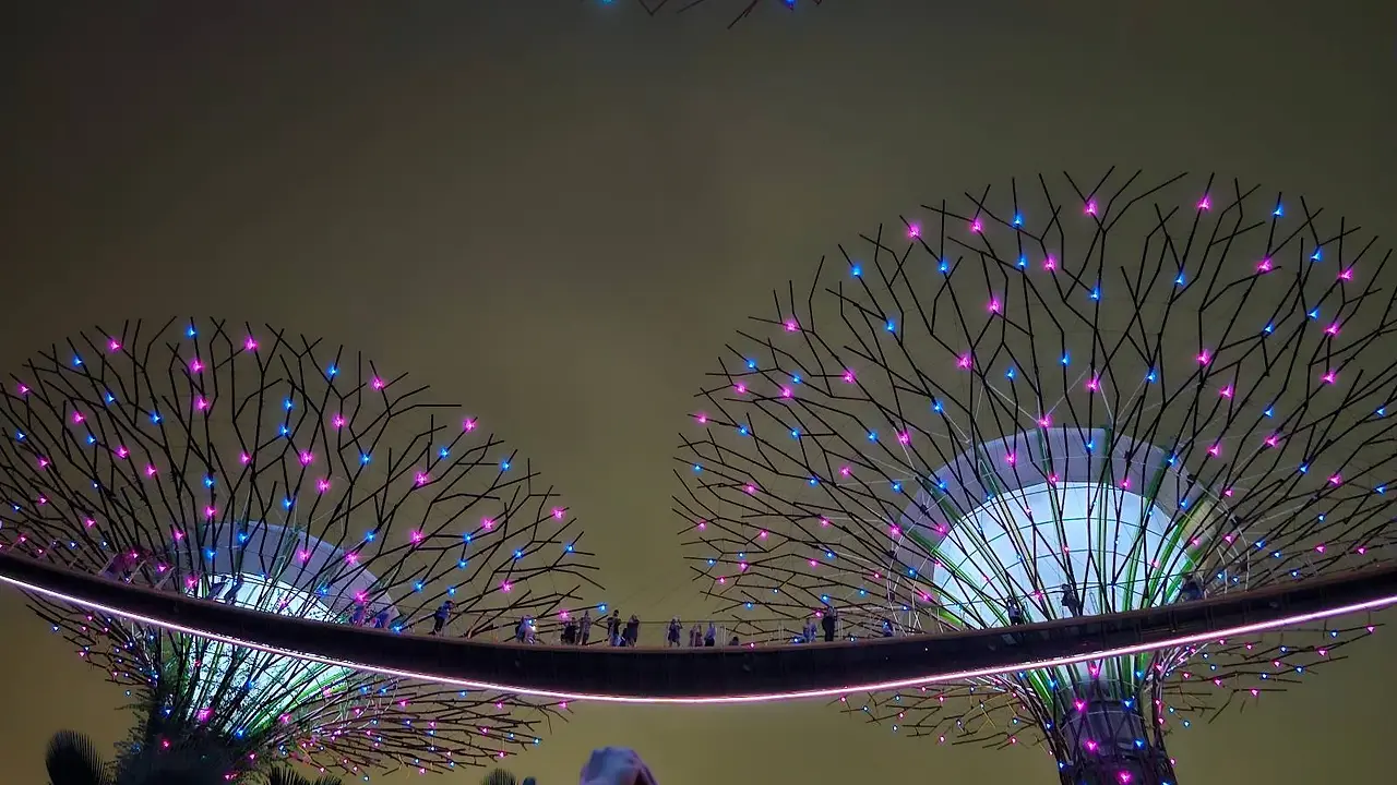 Futuristic illuminated structures resembling giant trees with colorful lights against a dark sky, featuring a walkway connecting them with silhouetted people on it. The scene is vibrant and showcases modern architectural design.