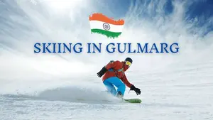 Skier in red and blue gear on snowy slope with blue sky. Text: "SKIING IN GULMARG" and Indian flag. Energetic and scenic.
