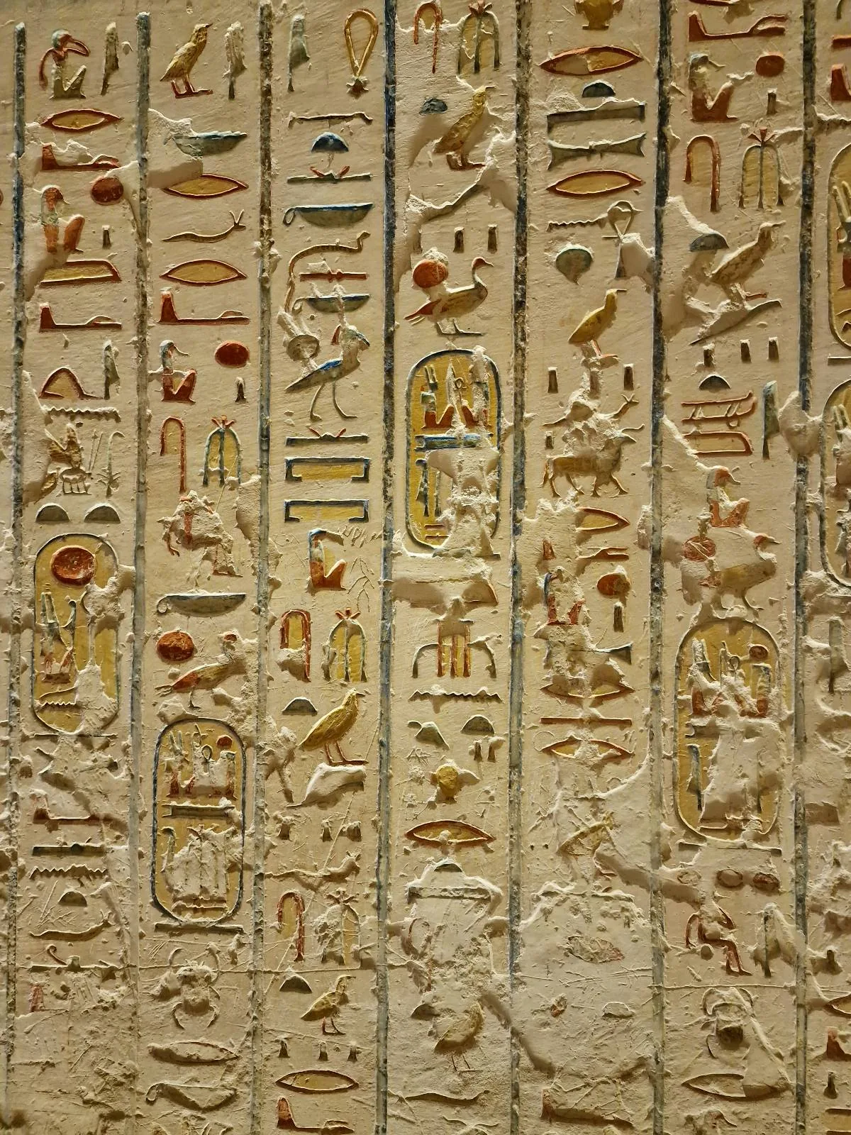 Ancient Egyptian hieroglyphs carved and painted on a stone wall, featuring columns of symbols and images.