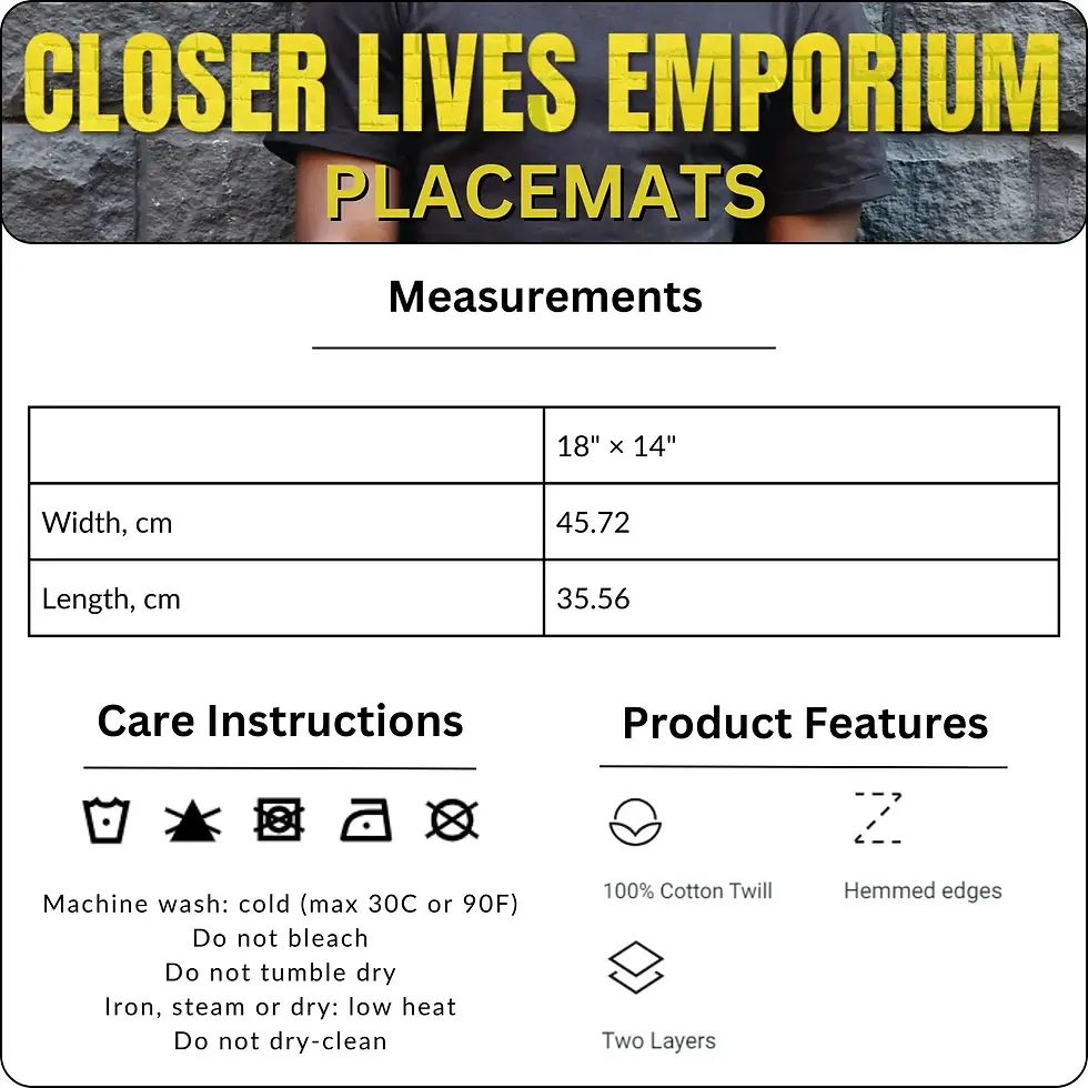 Thumbnail: Size chart and care instructions for Closer Lives Emporium placemats, detailing measurements in inches and centimeters.