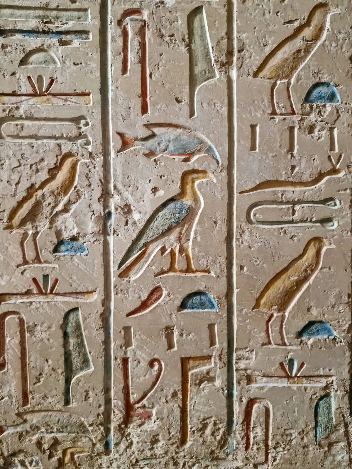 Ancient Egyptian hieroglyphics carved into a stone surface, featuring birds, a fish, and other symbols painted in blue, red, and gold hues.