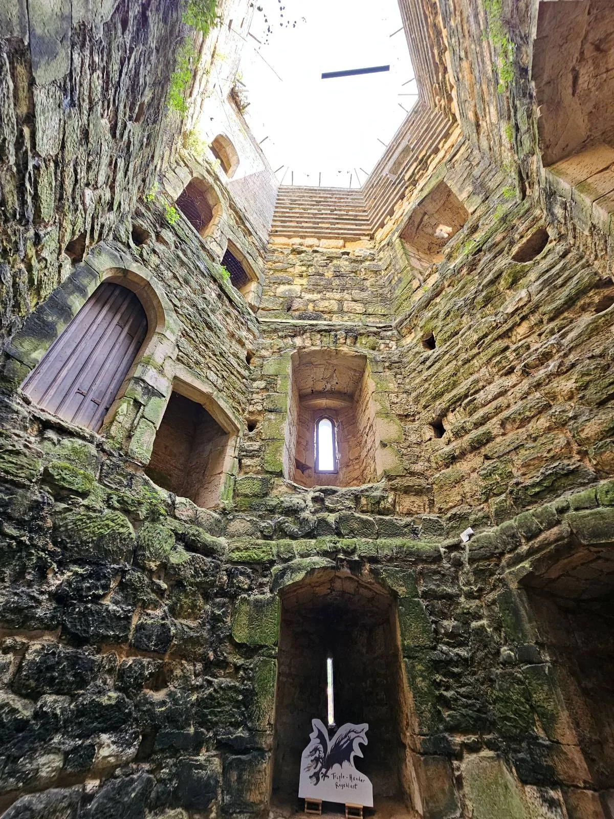 View from inside a tall, circular stone tower with mossy walls and multiple arched windows. A wooden door is set in one wall, and sunlight streams in from the open roof above. A dragon sign sits on the ground.