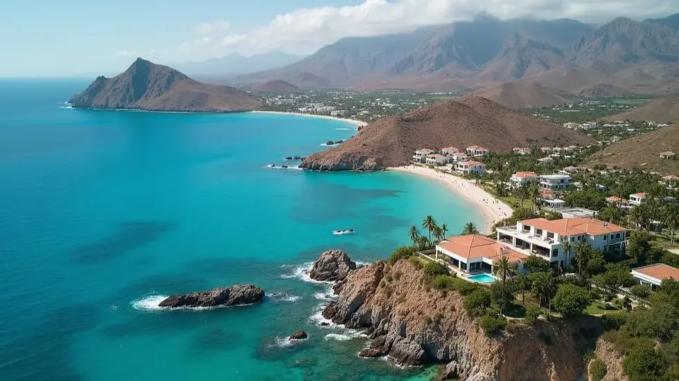 Coastal view with turquoise sea, sandy beach, and rocky cliffs. Luxurious villas with red roofs overlook the water, mountains in the distance.