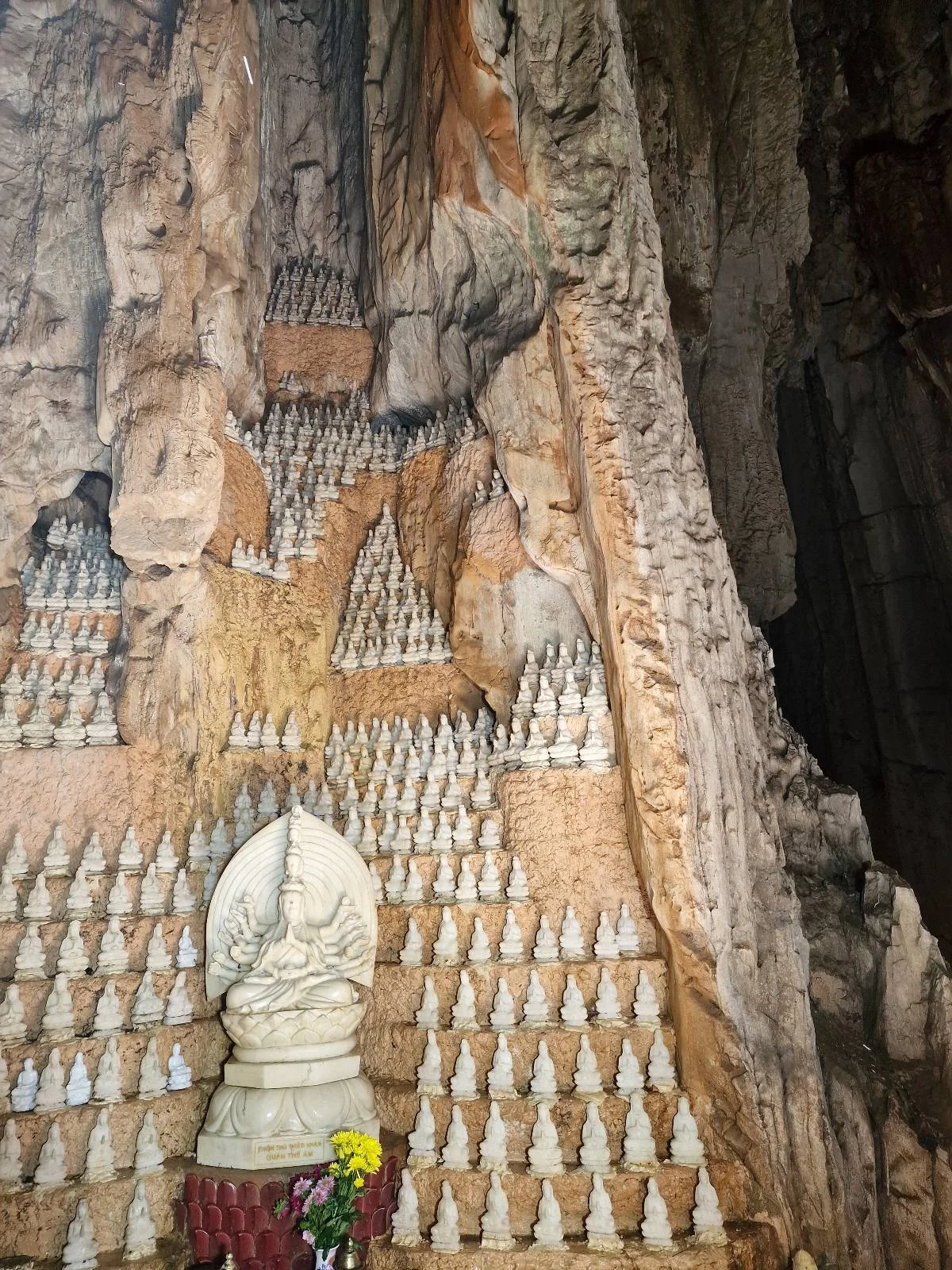 Rows of small Buddha statues line a rocky cave wall; a larger statue is in the foreground with yellow flowers at its base.
