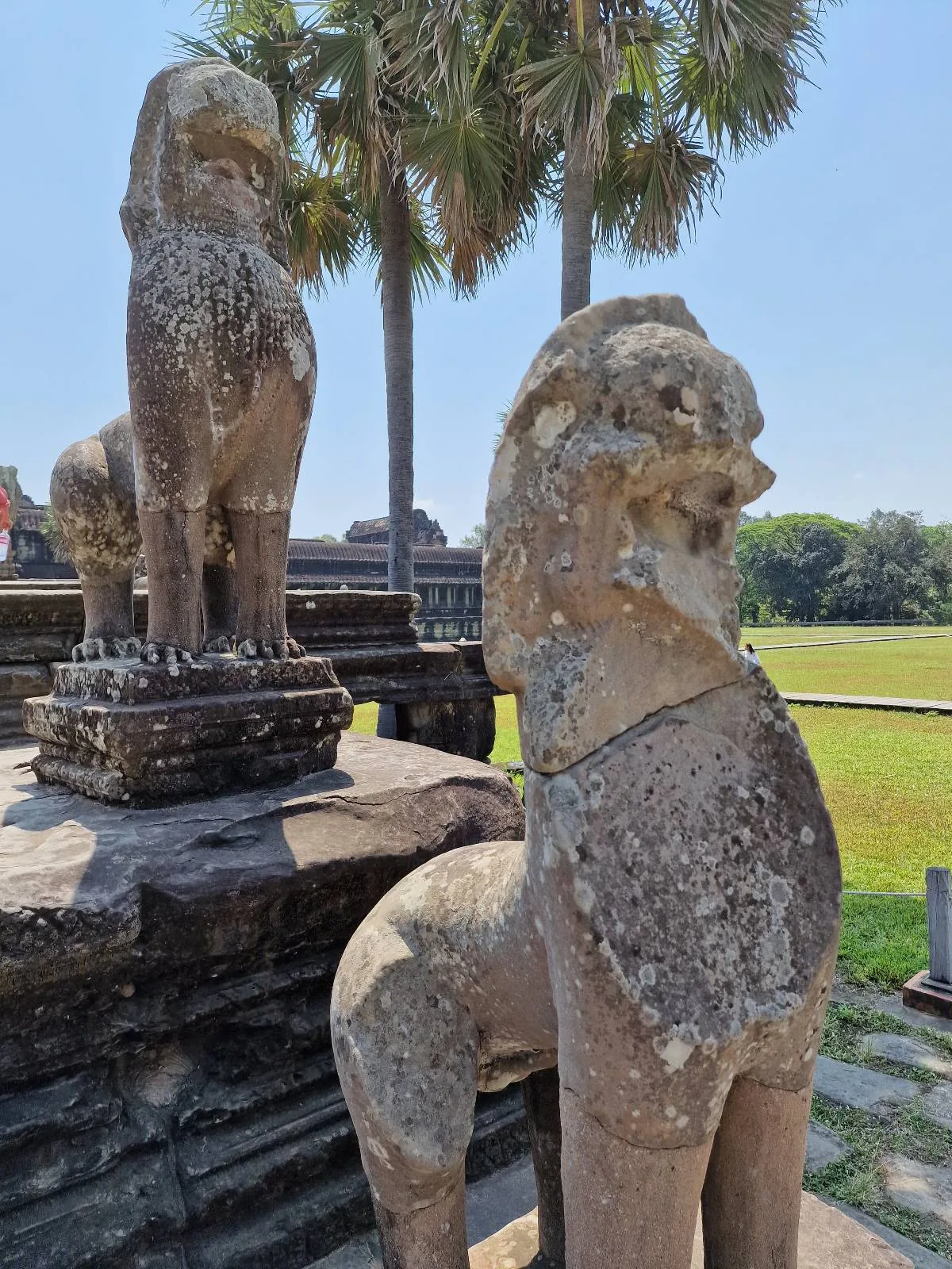 Two weathered stone lion statues stand on a stone platform at Angkor Wat, Cambodia, with palm trees and grassy grounds visible in the background under a clear blue sky.