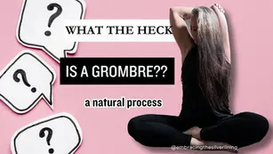 A woman sits cross-legged, touching her long gray-tinged hair, surrounded by speech bubbles with questions about "grombre," on a pink background.