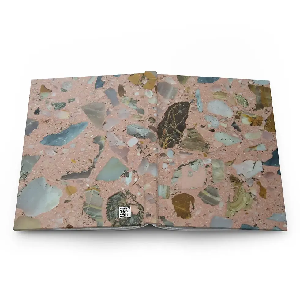 Open Crystal Rock Hardcover Journal, Mexican Tile Style, with pink, blue, and brown details.