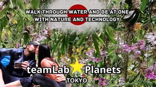 Couple kissing in a lush, floral setting. Text: "WALK THROUGH WATER AND BE AT ONE WITH NATURE AND TECHNOLOGY," "teamLab Planets TOKYO."