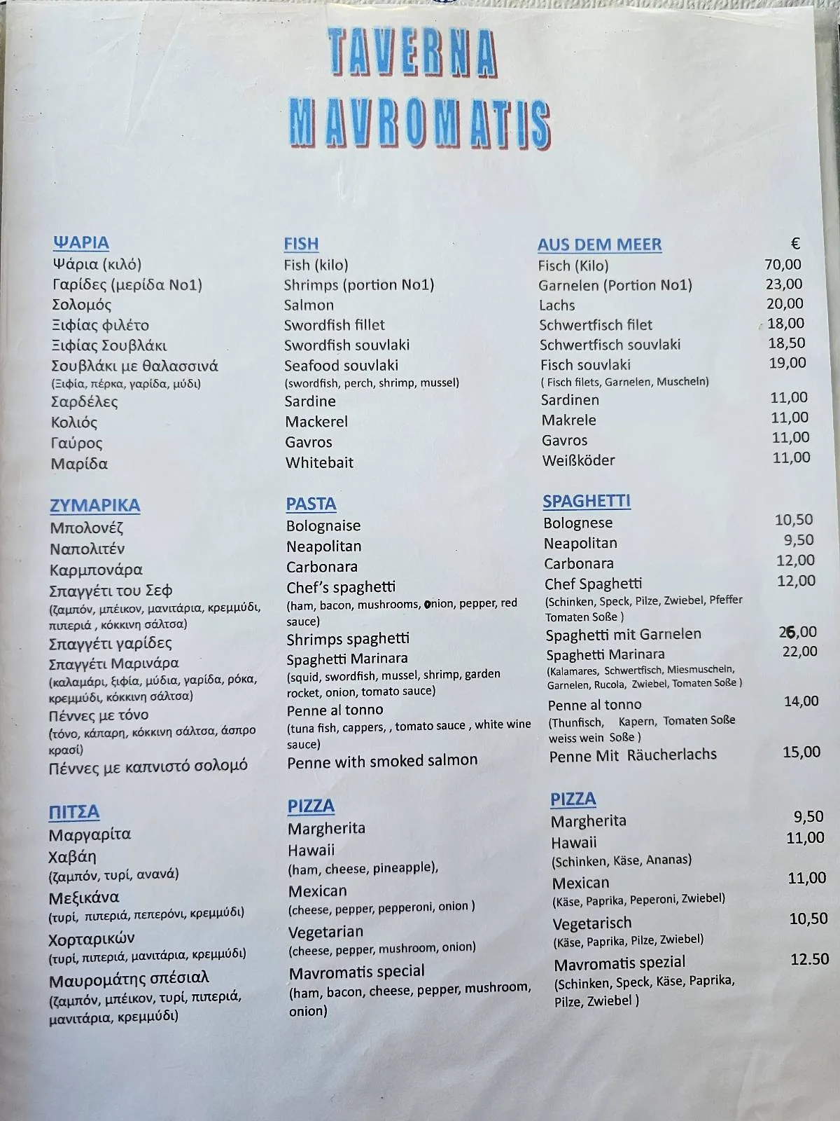 Menu from Taverna Havoulatis featuring sections for starters, dips, oven, grill, seafood, salad, spaghetti, garnitures, dessert, and drinks. Text is blue and black on a white background.