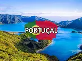 Scenic view of the Azores volcanic crater lake and lush coastline in Portugal, featuring the word PORTUGAL and a Portuguese flag graphic.