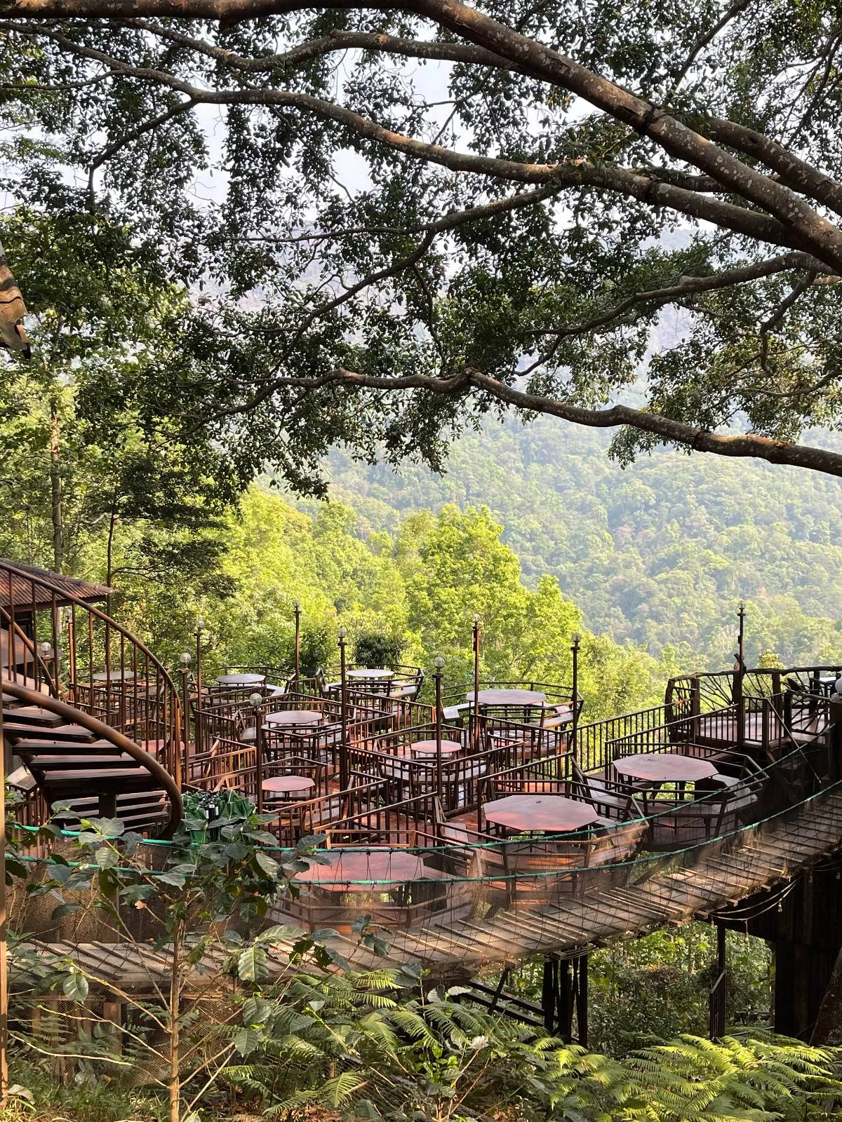 Outdoor tables and chairs are arranged on a wooden deck nestled among trees, overlooking a lush green forest and hills in the background under a cloudy sky.