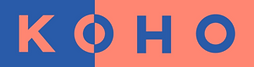 The word "KOHO" in bold blue letters, with the left half of the image having a blue background and the right half a coral background; the colors alternate within the letter "O".
