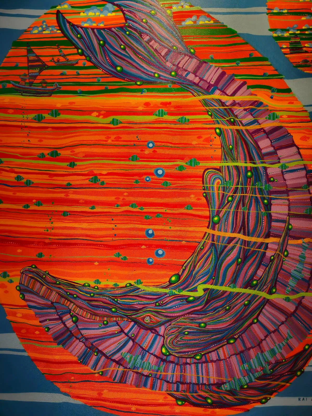 Abstract artwork featuring a large crescent shape in purple and green hues set against a vivid orange and red striped background, with small dots of blue and green scattered throughout.