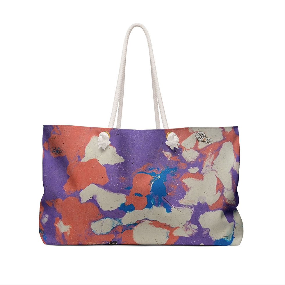 Discover the Travel Time collection with this large tote bag featuring abstract purple, orange, and white patterns.