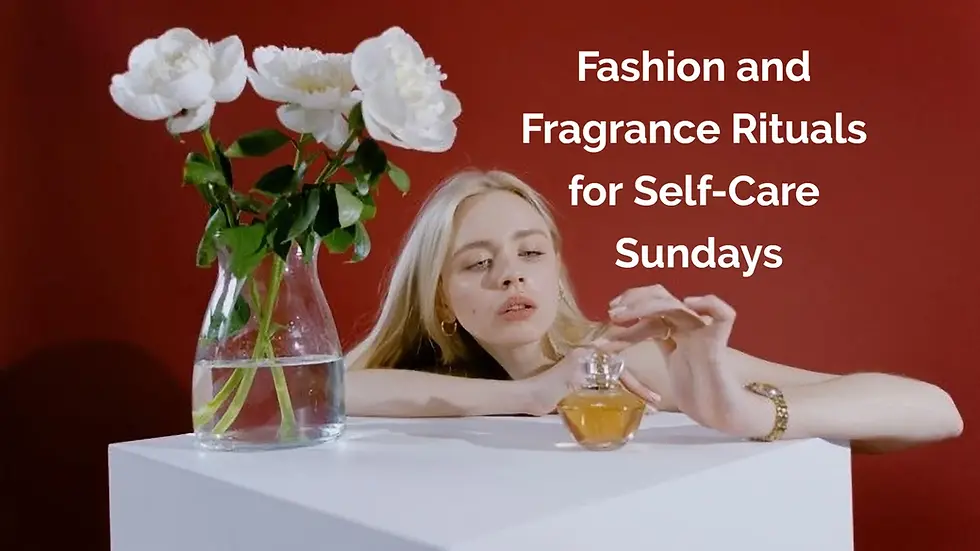 Woman touching a perfume bottle on a white table, with white flowers in a vase, red background, and text: Fashion and Fragrance Rituals.
