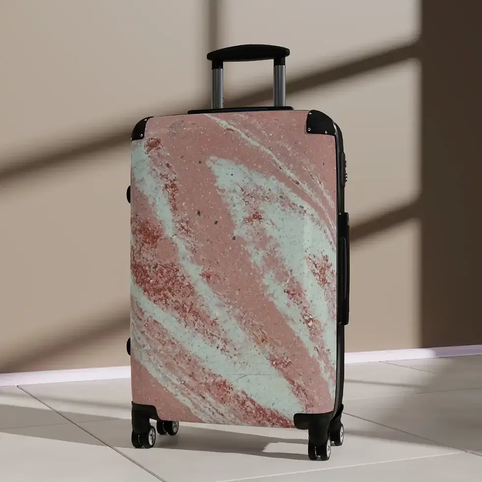 Thumbnail: A stylish suitcase with a pink and mint abstract pattern stands upright on a sunlit floor.