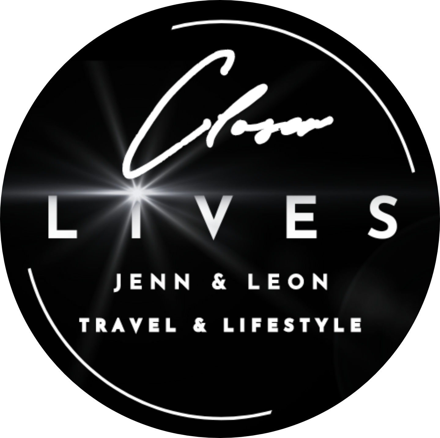 Logo with the text "Closer Lives" in the center, surrounded by a circular outline. Below, it reads "Jenn & Leon" and "Travel & Lifestyle" on a black background with a subtle light flare effect.