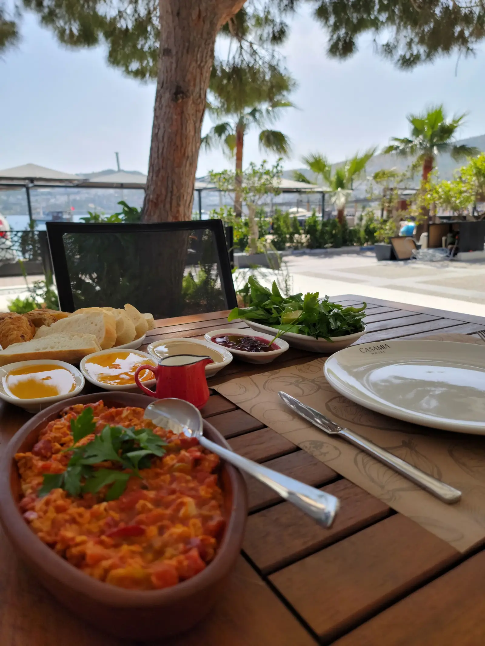 A table outdoors with a dish of vegetables and herbs, a plate, utensils, bread, and small bowls of condiments. There are trees and a waterfront view in the background.